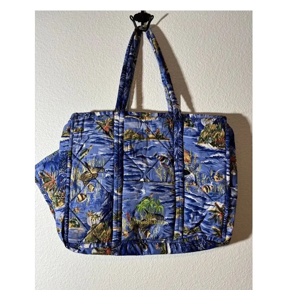 St. Thomas U.S.V.I. Tote Bag Blue Tropical Embroidered w/ Companion Pouch GJC